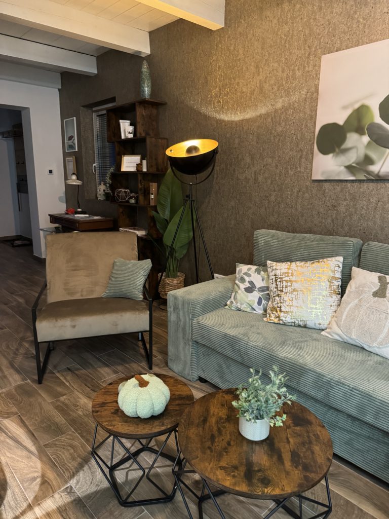 Szentendrei Öregvíz Vendégház nappali kanapéval.